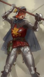 Rule 34 | 1girl, armor, armor under clothes, battle, blue eyes, book, breastplate, cape, chainmail, couter, faulds, gauntlets, helmet, highres, holding, holding polearm, holding weapon, mossacannibalis, open mouth, orange hair, original, pike (weapon), polearm, solo, standing, torn clothes, two-handed, weapon, winged helmet