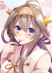 Rule 34 | 1girl, ahoge, blue eyes, blush, breasts, brown hair, dated, detached sleeves, flower, hair between eyes, hairband, headgear, highres, holding, holding flower, japanese clothes, kantai collection, kongou (kancolle), long hair, mashiro yukiya, nontraditional miko, pink flower, sidelocks, signature, smile, solo, upper body
