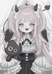 Rule 34 | 1girl, ahoge, black ribbon, black skirt, buttons, collared shirt, curtains, demon horns, demon tail, film grain, frilled shirt, frills, glue, high-waist skirt, highres, holding, holding stuffed toy, horns, light blush, long hair, long sleeves, looking at viewer, neck ribbon, open mouth, original, pink eyes, pink hair, ribbon, shiona (siona0625), shirt, skirt, sleeves past fingers, sleeves past wrists, smile, solo, standing, straight-on, stuffed toy, tail, tail raised, two side up, upper body, white shirt, wide sleeves