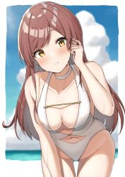 Rule 34 | 1girl, absurdres, adjusting hair, bare shoulders, bent over, breasts, brown hair, chain, chain between breasts, cleavage, cleavage cutout, clothing cutout, commission, halterneck, hanging breasts, highleg, highleg swimsuit, highres, huge filesize, idolmaster, idolmaster shiny colors, leaning forward, long hair, looking at viewer, medium breasts, navel, navel cutout, one-piece swimsuit, osaki amana, pixiv commission, solo, swimsuit, thigh gap, thighs, wanimaru, white one-piece swimsuit, yellow eyes