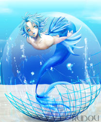 Rule 34 | 1boy, artist name, bare arms, bare back, bare shoulders, blue eyes, blue lips, blue theme, bubble, copyright request, fins, fish tail, flippers, full body, kudou (wil0830s), male focus, merman, monster boy, solo, tail, text focus, underwater, water, watermark