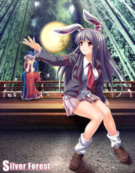 Rule 34 | 2girls, album cover, animal ears, arrow (projectile), bamboo, bamboo forest, bow (weapon), rabbit ears, collar, cover, female focus, forest, full moon, jacket, miniskirt, moon, multiple girls, nature, necktie, rakujin, red eyes, reisen udongein inaba, silver forest, silver hair, sitting, skirt, touhou, weapon, yagokoro eirin