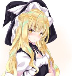 Rule 34 | 1girl, bad id, bad pixiv id, black hat, blonde hair, blush, bow, braid, breasts, brown eyes, closed mouth, hat, hat bow, kirisame marisa, long hair, looking at viewer, nanase nao, puffy short sleeves, puffy sleeves, shirt, short sleeves, small breasts, solo, touhou, upper body, white bow, white shirt, witch hat, yellow eyes