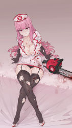 Rule 34 | 1girl, absurdres, black gloves, black panties, black thighhighs, blood, blood on clothes, bloody weapon, blush, breasts, chainsaw, cleavage, closed mouth, elbow gloves, gloves, hat, highres, hololive, hololive english, holomyth, large breasts, long hair, looking at viewer, mibe (suiseichu), mori calliope, nurse, nurse cap, panties, pink hair, red eyes, smile, thighhighs, torn clothes, torn gloves, torn legwear, underwear, virtual youtuber, weapon