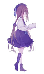 Rule 34 | 1girl, book, boots, bow, brown hair, character request, closed mouth, dress, from side, glasses, hair between eyes, hair bow, hat, highres, holding, holding book, long hair, long sleeves, low twintails, mizumizu (phoenix), open book, original, purple dress, purple eyes, purple footwear, purple hat, purple socks, simple background, sitting, socks, solo, twintails, very long hair, virtual youtuber, white background