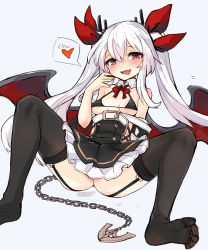Rule 34 | 1girl, :p, anchor, azur lane, belt, black thighhighs, blush, bra, breasts, chain, garter belt, hair ornament, hair ribbon, heart, highres, long hair, looking at viewer, mou tama maru, naughty face, red eyes, ribbon, simple background, small breasts, solo, spoken heart, spread legs, thighhighs, tongue, tongue out, twintails, underwear, vampire (azur lane), wings