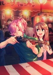 Rule 34 | 1boy, 1girl, :d, artist name, black jacket, blue shirt, brown eyes, brown hair, candy apple, crowd, dango, dated, festival, food, food stand, glint, hair ornament, hairclip, hekisa, highres, izumi rei (stand my heroes), jacket, lantern, medium hair, open mouth, outdoors, paper lantern, pink hair, shirt, smile, stand my heroes, upper body, wagashi, yui koutarou