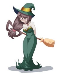 Rule 34 | 1girl, :p, asui tsuyu, bags under eyes, bare arms, bare shoulders, blush stickers, boku no hero academia, breasts, broom, cheeso art, cleavage, closed mouth, collarbone, dress, full body, fusion, green dress, hat, highres, little witch academia, long dress, long hair, long tongue, looking at viewer, medium breasts, purple hair, solo, standing, strapless, strapless dress, sucy manbavaran, tongue, tongue out, transparent background, witch hat