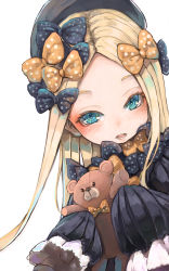 Rule 34 | 1girl, abigail williams (fate), black bow, black dress, black hat, blonde hair, blue eyes, blush, bow, commentary request, dress, fate/grand order, fate (series), forehead, hair bow, hat, highres, holding, holding stuffed toy, long hair, long sleeves, looking at viewer, lower teeth only, multiple hair bows, nyucha, open mouth, orange bow, parted bangs, polka dot, polka dot bow, simple background, sleeves past fingers, sleeves past wrists, solo, stuffed animal, stuffed toy, teddy bear, teeth, upper body, upper teeth only, very long hair, white background