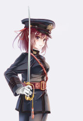 Rule 34 | 1girl, alternate costume, black hat, black jacket, brown eyes, brown hair, cowboy shot, from side, gloves, grey background, hair ribbon, hat, holding, holding sword, holding weapon, imperial japanese navy, ise (kancolle), jacket, kantai collection, longmei er de tuzi, looking at viewer, military, military hat, military uniform, peaked cap, pocket, ponytail, red ribbon, ribbon, short hair, simple background, solo, standing, sword, uniform, weapon, white background, white gloves