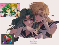 Rule 34 | 2girls, art program in frame, bishoujo senshi sailor moon, bishoujo senshi sailor moon stars, black sailor collar, blonde hair, blue eyes, falling petals, gloves, green hair, grey background, hand on another&#039;s arm, hand on another&#039;s face, highres, kaiou michiru, long hair, looking at viewer, miix777, multiple girls, parted lips, petals, reference inset, sailor collar, screenshot inset, shirt, short hair, short sleeves, ten&#039;ou haruka, tiara, translation request, upper body, white gloves, white shirt, yuri