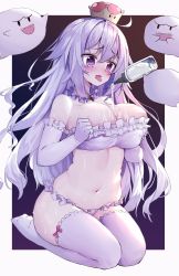 Rule 34 | 1girl, :d, absurdres, baby bottle, bare shoulders, blush, boo (mario), bottle, bow, bow panties, bra, breasts, cleavage, crown, elbow gloves, frilled gloves, frilled thighhighs, frills, gloves, hair between eyes, head tilt, heart, highres, large breasts, long hair, luigi&#039;s mansion, mario (series), mini crown, navel, new super mario bros. u deluxe, nintendo, no shoes, nose blush, open mouth, panties, princess king boo, purple eyes, saliva, seiza, sharp teeth, silver hair, sitting, smile, suggestive fluid, super crown, tandohark, teeth, thighhighs, tongue, tongue out, trembling, underwear, underwear only, very long hair, white bra, white gloves, white panties, white thighhighs