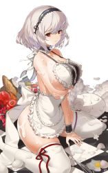 Rule 34 | 1girl, accident, apple, apron, arm under breasts, azur lane, bag, baguette, bread, breasts, checkered floor, commentary, cream, food, frilled apron, frills, fruit, grocery bag, large breasts, looking at viewer, maid apron, md5 mismatch, naked apron, nike (nike1060), photoshop (medium), red eyes, shopping bag, short hair, silver hair, sirius (azur lane), solo, strawberry, suggestive fluid, textless version, thighhighs, white thighhighs, wrist cuffs