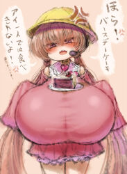 Rule 34 | 1girl, 2b-ge, blush, breasts, brown background, brown hair, cake, dress, eyelashes, female focus, food, food on body, food on breasts, hat, huge breasts, japanese clothes, japanese text, looking at viewer, open mouth, oppai loli, pink dress, purple eyes, school hat, sharp teeth, solo, standing, taut clothes, teeth, translation request, twintails, wide sleeves
