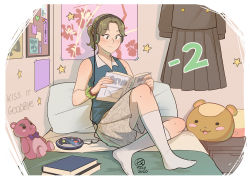 Rule 34 | 1girl, 2020, artist name, bed, blue shirt, blush, book, brown eyes, brown hair, character request, closed mouth, collared shirt, copyright name, drawer, freckles, headphones, indoors, kiss it goodbye, kneehighs, looking away, on bed, pillow, shirt, short hair, short ponytail, sitting, skirt, sleeveless, smile, socks, solo, ticcy, white skirt, white socks, yukimi (kiss it goodbye)