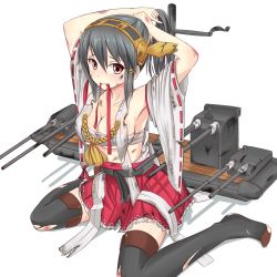 Rule 34 | 10s, 1girl, absurdres, adjusting hair, armpits, bare shoulders, black hair, black thighhighs, blood, blood stain, blush, breasts, cannon, detached sleeves, haruna (kancolle), hawe king, highres, japanese clothes, kantai collection, long hair, looking at viewer, medium breasts, mouth hold, red eyes, sarashi, sitting, skirt, solo, sweatdrop, thighhighs, torn clothes, wariza