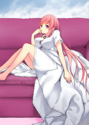 Rule 34 | 1girl, aoten, breasts, couch, dress, finger to mouth, impossible clothes, impossible dress, large breasts, long hair, pink hair, purple eyes, sitting, solo