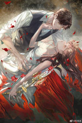 Rule 34 | 1boy, 1girl, blunt bangs, brown hair, candle, collared shirt, couple, dress, flower, glasses, highres, light and night love, long hair, looking at another, lu chen, lying, nail polish, off shoulder, over shoulder, petals, red flower, red nails, shirt, short hair, white dress, white shirt, yin er tang