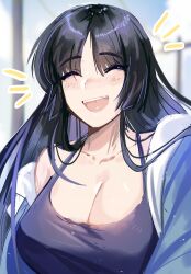 Rule 34 | 1girl, absurdres, black hair, blush, breasts, cleavage, closed eyes, collarbone, commentary, english commentary, highres, hood, hoodie, kaguya jingu, large breasts, long hair, off shoulder, open clothes, open hoodie, open mouth, smile, solo, sora (zombiebathwater), tank top, under night in-birth, under night in-birth 2 sys:celes, white hoodie
