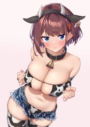 Rule 34 | 1girl, 2021, absurdres, animal ears, animal print, baffu, bell, bikini, blue eyes, blue shorts, blush, breasts, brown hair, chinese zodiac, cleavage, closed mouth, collar, cow ears, cow girl, cow horns, cow print, cowbell, cutoffs, denim, denim shorts, ear tag, fake horns, hair ornament, hairband, hairclip, highres, hitoyo (baffu), horns, large breasts, midriff, navel, neck bell, open clothes, open fly, open shorts, original, print bikini, print thighhighs, short hair, short hair with long locks, short shorts, shorts, skindentation, solo, standing, swimsuit, thighhighs, unzipped, year of the ox