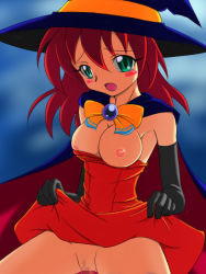 Rule 34 | 1girl, alice wishheart, blush, breasts, censored, clothes lift, female focus, hat, magical halloween, pussy, skirt, skirt lift, solo, spread legs, takappe, witch