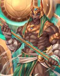 Rule 34 | 1boy, abs, animal ears, armlet, aura, bandages, bara, bare pectorals, black sclera, blue eyes, bulge, colored sclera, cowboy shot, dark-skinned male, dark skin, egyptian, egyptian clothes, furry, furry male, highres, holding, holding staff, jackal boy, jackal ears, large pectorals, league of legends, looking at viewer, male focus, muscular, muscular male, nasus, navel, pectorals, pelvic curtain, rabbity art, short hair, smile, solo, staff, stomach, thick thighs, thighs