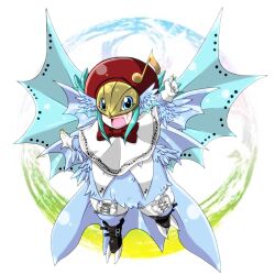 Rule 34 | 1girl, digimon, digimon (creature), female focus, gloves, mask, open mouth, sirenmon, smile, solo, wings