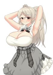 Rule 34 | 1girl, absurdres, armpits, arms behind head, arms up, breasts, brown eyes, cleavage cutout, clothing cutout, conte di cavour (kancolle), conte di cavour nuovo (kancolle), corset, dress, frilled dress, frills, grey dress, grey hair, highres, huge breasts, kantai collection, layered dress, long hair, puffywaffles, sleeveless, sleeveless dress, solo, two-tone dress, two side up, white dress