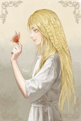Rule 34 | 1boy, artist name, braid, bug, butterfly, closed mouth, elden ring, from side, gradient background, grey shirt, grey skirt, hand up, highres, insect, jdori, long hair, miquella (elden ring), parted hair, shirt, short sleeves, skirt, smile, solo, yellow eyes