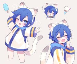 Rule 34 | 1boy, animal ears, blue eyes, blue hair, cat ears, cat tail, chibi, fake animal ears, fake tail, fang, fangs, food, kaito (vocaloid), long sleeves, mogu (wy5xrt7w), one eye closed, popsicle, project diva (series), tail, vocaloid