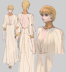 Rule 34 | 10000lovers, 1girl, arm cutout, back, backless dress, backless outfit, blonde hair, breasts, brown eyes, center opening, character sheet, choker, clothing cutout, dress, earrings, closed eyes, genderswap, genderswap (mtf), gorget, gown, grey background, highres, hunter x hunter, jewelry, kurapika, long dress, looking away, multiple views, parted lips, short hair, shoulder cutout, simple background, sketch, small breasts, turnaround, wallet, white dress