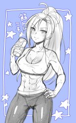 Rule 34 | 1girl, abs, ahoge, blush, breasts, burino sashimi, cameltoe, cleavage, collarbone, cup, gluteal fold, hand on own hip, highres, holding, long hair, looking at viewer, magicami, medium breasts, muscular, ohtori ao, ponytail, sidelocks, smile, sports bra, sportswear, standing, thighs, translation request, very long hair