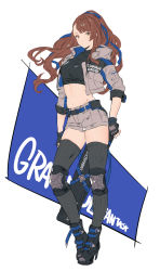 Rule 34 | 1girl, asymmetrical bangs, beatrix (granblue fantasy), black footwear, black gloves, black thighhighs, blue ribbon, boots, breasts, brown eyes, brown hair, closed mouth, copyright name, cropped torso, fingerless gloves, floating hair, full body, gloves, granblue fantasy, grey jacket, grey shorts, groin, hair ribbon, high heel boots, high heels, highres, jacket, knee pads, long hair, looking at viewer, medium breasts, midriff, navel, open clothes, open jacket, ribbon, shimatani azu, short shorts, shorts, single hair intake, sketch, solo, standing, stomach, thighhighs, very long hair, white background