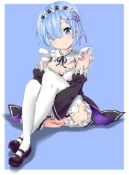 Rule 34 | 10s, 1girl, blue eyes, blue hair, breasts, cleavage, detached sleeves, dress, full body, garter straps, hair ornament, hair over one eye, hair ribbon, headdress, highres, hugging own legs, large breasts, lingerie, looking at viewer, maid, mary janes, matching hair/eyes, nurie, re:zero kara hajimeru isekai seikatsu, rem (re:zero), ribbon, shoes, short hair, simple background, sitting, smile, solo, thighhighs, underwear, white thighhighs, x hair ornament
