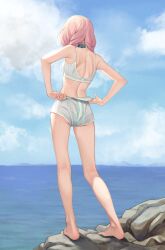 Rule 34 | 1girl, arknights, ass, bare arms, bare legs, bare shoulders, barefoot, blue poison (arknights), blue poison (shoal beat) (arknights), blue sky, cloud, crop top, cyta celest, day, feet, from behind, full body, highres, legs, midriff, official alternate costume, pink hair, rock, short hair, short shorts, shorts, sky, solo, spaghetti strap, sports bra, standing, thighs, toes