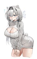 Rule 34 | 1girl, animal ears, arknights, aurora (arknights), bear ears, bear girl, bear tail, black hairband, blue eyes, breasts, cleavage, cleavage cutout, clothing cutout, cropped legs, dress, grey hair, hair over one eye, hairband, heart, highres, horn/wood, large breasts, leaning forward, long hair, long sleeves, looking at viewer, meme attire, notice lines, open-chest sweater, open mouth, ribbed sweater, solo, sweater, sweater dress, tail, turtleneck, turtleneck sweater, white sweater