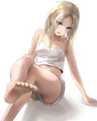 Rule 34 | 1girl, abigail williams (fate), barefoot, blonde hair, blue eyes, blush, breasts, fate/grand order, fate (series), feet, forehead, legs, long hair, looking at viewer, open mouth, parted bangs, sakazakinchan, short shorts, shorts, sidelocks, small breasts, smile