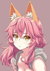 Rule 34 | 10s, 1girl, akino sora, animal ears, bare shoulders, blush, breasts, cleavage, closed mouth, commentary, fate/extra, fate (series), fox ears, highres, long hair, looking at viewer, no nose, pink hair, purple background, simple background, solo, tamamo (fate), tamamo no mae (fate/extra), upper body, yellow eyes