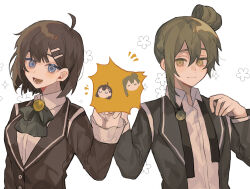 Rule 34 | 1boy, 1girl, ahoge, blue eyes, bow, bowtie, brooch, brown coat, brown hair, closed mouth, coat, collared shirt, folded ponytail, green bow, green bowtie, green coat, green hair, hair ornament, hairclip, hand up, hod (project moon), huabudong, jewelry, library of ruina, long hair, long sleeves, looking at viewer, medium hair, netzach (project moon), open mouth, project moon, shirt, smile, upper body, white shirt, yellow eyes