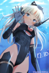Rule 34 | 1girl, alice gear aegis, araime yasuri, black gloves, black leotard, black thighhighs, blonde hair, cleavage cutout, closed mouth, clothing cutout, copyright name, copyright notice, dated, elbow gloves, gloves, hand up, headgear, highleg, highleg leotard, highres, leotard, long hair, looking at viewer, looking down, shimada fumikane, solo, standing, thighhighs