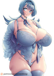 Rule 34 | 1girl, artist name, blue eyes, blue hair, bra, breasts, cleavage, creatures (company), curvy, game freak, highres, huge breasts, lana&#039;s mother (pokemon), lingerie, looking to the side, mature female, naidong (artist), navel, nintendo, panties, pokemon, pokemon (anime), pokemon sm (anime), short hair, skindentation, smile, solo, stomach, thick thighs, thighhighs, thighs, underwear, white background