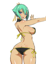 Rule 34 | 10s, 1girl, aquarion (series), aquarion evol, ass, bare shoulders, bikini, breasts, from behind, green hair, large breasts, looking back, open mouth, poin (hidsuki), purple eyes, short hair, side-tie bikini bottom, sideboob, simple background, skindentation, solo, swimsuit, thighs, white background, zessica wong
