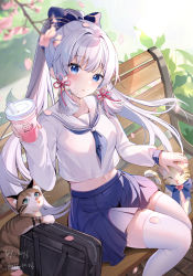 Rule 34 | 1girl, ayaka (genshin impact), bag, bench, blue eyes, blue necktie, blue skirt, blunt tresses, blush, breasts, cat, cherry blossoms, crop top, cup, dated, day, disposable cup, drink, falling petals, floating hair, flower knot, genshin impact, hair ornament, hair ribbon, highres, holding, holding drink, kamisato ayaka (heytea), long hair, long sleeves, looking at viewer, medium breasts, miaogujun, midriff, multiple cats, navel, necktie, outdoors, parted lips, petals, pleated skirt, ponytail, ribbon, school bag, school uniform, serafuku, shirt, signature, skirt, solo, thighhighs, tress ribbon, white hair, white shirt, white thighhighs, zettai ryouiki