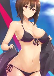 Rule 34 | 10s, 1girl, bikini, black bikini, blue sky, blush, breasts, brown eyes, brown hair, closed mouth, cloud, collarbone, commentary request, day, girls und panzer, jampen, looking at viewer, medium breasts, navel, nishizumi maho, short hair, side-tie bikini bottom, sky, solo, swimsuit