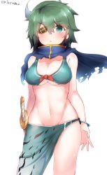Rule 34 | 10s, 1girl, :&lt;, aqua bikini, aqua eyes, artist name, bad id, bad twitter id, bare arms, bikini, blue scarf, blush, boruhis, breasts, cleavage, closed mouth, cowboy shot, eyebrows, eyepatch, front-tie top, green hair, groin, hair between eyes, hat, highres, kantai collection, kiso (kancolle), large breasts, looking at viewer, navel, sarong, scarf, short hair, simple background, solo, standing, stomach, swimsuit, sword, weapon, white background