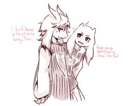 Rule 34 | 1boy, 1girl, aged down, animal ears, asgore dreemurr, caribun, cropped legs, depressed, english text, fangs, furry, furry female, furry male, furry with furry, goat, goat boy, goat ears, goat eyes, goat girl, goat horns, goat tail, horns, long ears, long sleeves, looking at another, monochrome, robe, simple background, tabard, talking, toriel, undertale, white background, white horns
