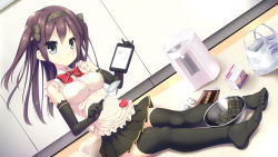 Rule 34 | 1girl, black eyes, black thighhighs, brown hair, chocolate, elbow gloves, feet, gloves, long hair, no shoes, ochinsama, original, sitting, solo, tablet pc, thighhighs, toes, valentine