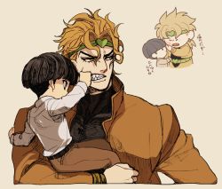 Rule 34 | 2boys, aged down, annoyed, bad id, bad pixiv id, black hair, blonde hair, bruise, carrying, chibi, chibi inset, child, child carry, dio brando, fangs, father and son, giorno giovanna, haruno shiobana, hatching (texture), headband, holding, injury, jojo no kimyou na bouken, li sakura, linear hatching, male focus, mouth pull, multiple boys, tearing up, translation request, vento aureo, yellow eyes