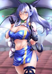 Rule 34 | 1girl, bandeau, black gloves, blue bandeau, blue eyes, blue hair, blue skirt, blue tube top, breasts, checkered clothes, cleavage, coat, crop top, cropped jacket, gloves, gotland (kancolle), half gloves, headphones, headset, highleg, highleg panties, highres, jacket, kantai collection, large breasts, long hair, looking at viewer, miniskirt, mole, mole under eye, navel, one eye closed, panties, ponytail, pulumelo, race queen, shrug (clothing), skirt, solo, strapless, tube top, umbrella, underwear, waving, white jacket, white panties, winter clothes, winter coat