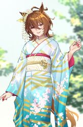 Rule 34 | 1girl, absurdres, agnes tachyon (umamusume), ahoge, animal ears, blurry, blurry background, brown hair, feet out of frame, flower, green kimono, hair flower, hair ornament, hand up, highres, horse ears, horse girl, horse tail, japanese clothes, kimono, lips, long sleeves, looking at viewer, medium hair, nayuta ggg, obi, open mouth, red eyes, red nails, sash, smile, solo, standing, tail, umamusume, wide sleeves